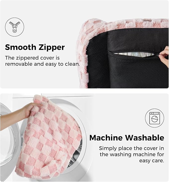 Made4Pets Dog Couch Bed, Soft Faux Fur Checkered Pet Sofa, Comfortable Fluffy Dog Sofa with Supportive Foam, Removable Washable Cover with Non-Slip Base, Pink, Large