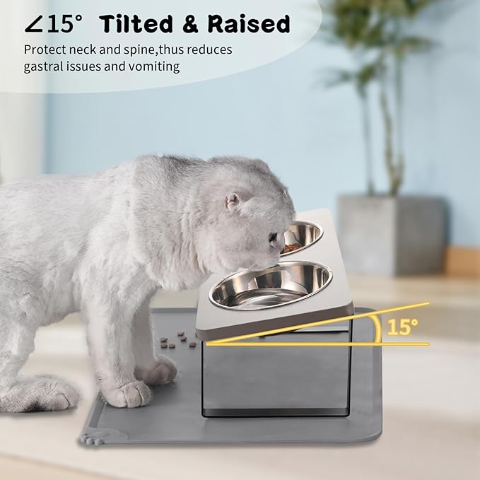 Upgraded Elevated Cat Bowls with Food Mat,15°Tilted Stand Anti Vomiting Raised Cat Dishes for Food and Water,2 Stainless Steel Bowls for Cats and Puppy(Gray)
