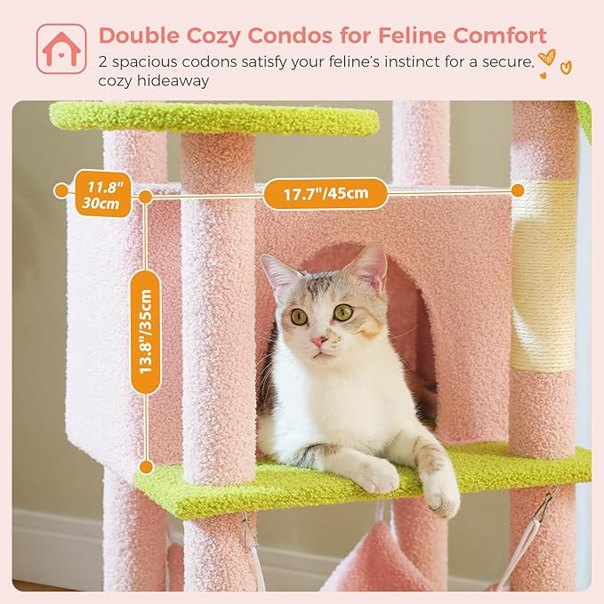 PAWZ Road Tall Cat Tower, 70 Inch Cat Tree with Hammock, 5 Scratching Posts, 2 Condos and a Large Top Perches for Large Cats-Pink