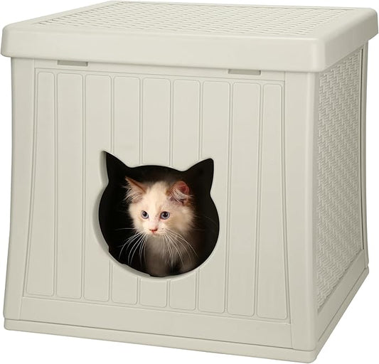 Heavy Duty Cat House Waterproof, Hidden Cat Litter Box Enclosure with Flip Lid for Easy Cleaning, Extra Thick Insulated Cat House Outdoor, Winter Feral Cat Shelter Weatherproof, Oakmilk