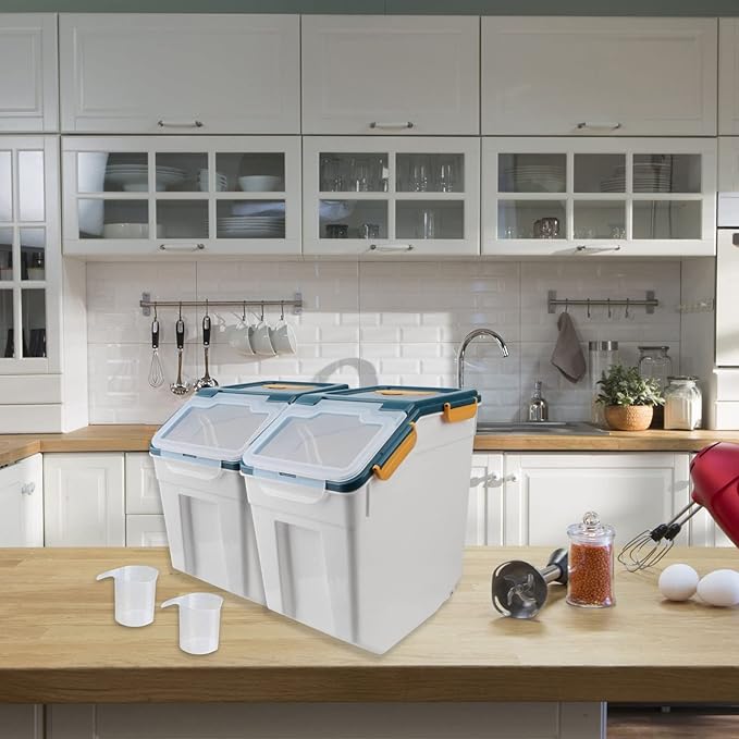 AnRui Large Flour Storage Containers 25Lbs Airtight Rice Storage Container BPA Free Kitchen Pantry Food Storage Bin Sugar Snack Cereal Grain Organizer Box with Wheel, Scoop, 4Pack, Blue