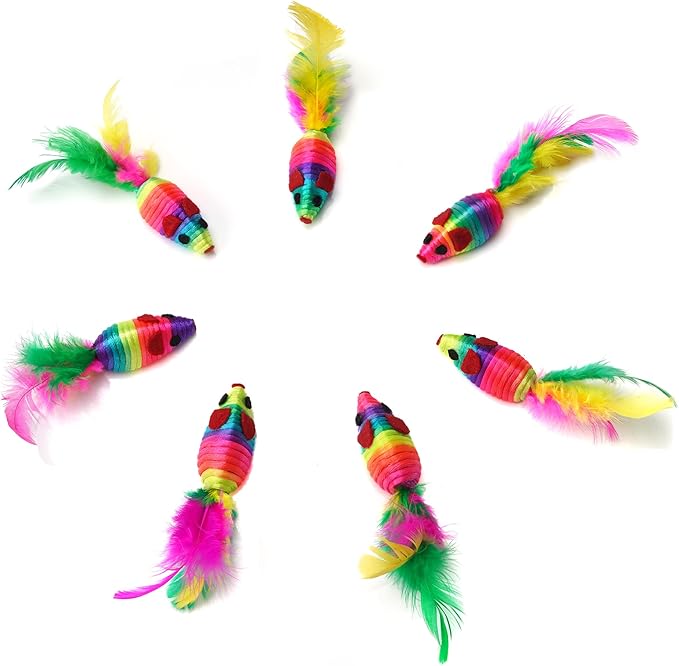 CHIWAVA 24PCS 5" Rattle Cat Toys Mice with Feathers Rainbow Rope Mouse Kitten Interactive Toy Assorted Color