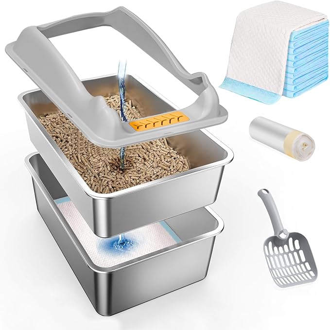 Stainless Steel Sifting Cat Litter Box with Lid,XL Metal Sifting Litter Box for Pine Pellets,High Sides Metal Litter Box System for Big Cats,Anti-Leakage,Easy Clean