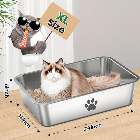Stainless Steel Cat Litter Box,Metal Kitten Litter Pan, High Side Cats Toilet Indoor Litter Tray Pet Toilet Supplies for Cats, Kitty,Rabbits, Easy Clean, Non Stick Litter Box, No Smell (X-Large)