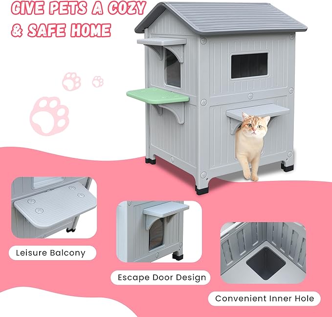 Plastic 2 Story Outdoor Cat House with Escape Door, Waterproof Cat House for Feral Cats for Outdoor Indoor Use, Sturdy Cat Houses for Outdoor Cats, Clean & Assemble Easily(Grey)