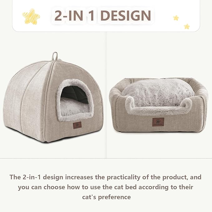 Cat Bed for Indoor Cats - Cat Cave Cat House Cats Tent with Removable Washable Cushioned Pillow, Soft and Self Kitten beds (Large, Beige)