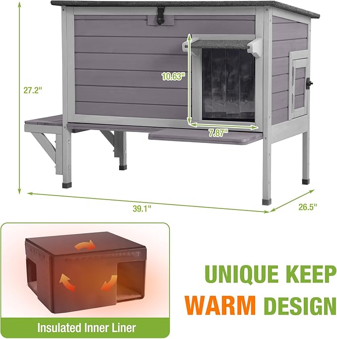 GUTINNEEN Insulated Outdoor Cat House with All-Round Liner, Weatherproof Feral Cat Shelter for Winter, Outside Stray Cat House with 3 Escape Doors and Elevated Base