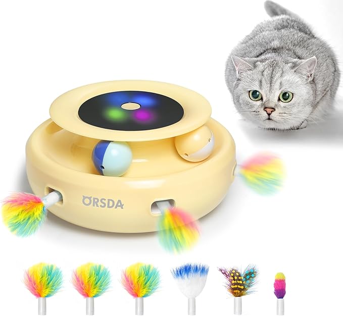 ORSDA Cat Toys 2-in-1 Interactive Cat Toys for Indoor Cats, Automatic Cat Toy Balls, Ambush Feather Kitten Toys with 6pcs Feathers, Dual Power Supplies, Adjustable Speed, Auto On/Off