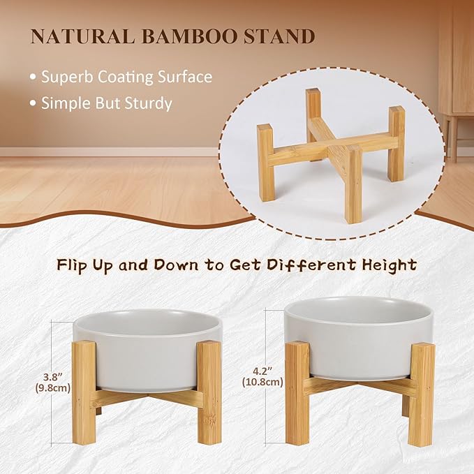 Elevated Ceramic Cat Bowl - Cat Food Bowl with Bamboo Stand - Raised Dog Dish for Puppies - Anti Vomiting, Stress Free - 13.5 oz / 400 ml - Grey