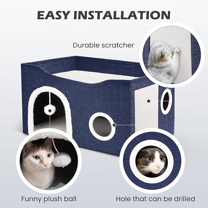 Heeyoo Cat House for Indoor Cats - Large Cat Bed Cave with Fluffy Ball and Scratch Pad, Foldable Cat Houses & Condos, Cat Cubes, Cat Hideaway, Covered Cat Bed for Multi Small Pet Large Kitty
