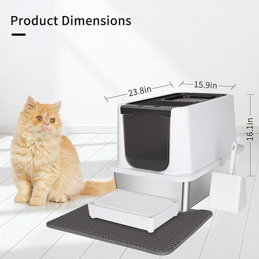 RIZZARI Stainless Steel Cat Litter Box, Odorless Enclosed Litter Box with Top Holes, Large Litter Pan for Small to Large Sized Cats (Black, 23.8" L*15.9" W*16.1" H)