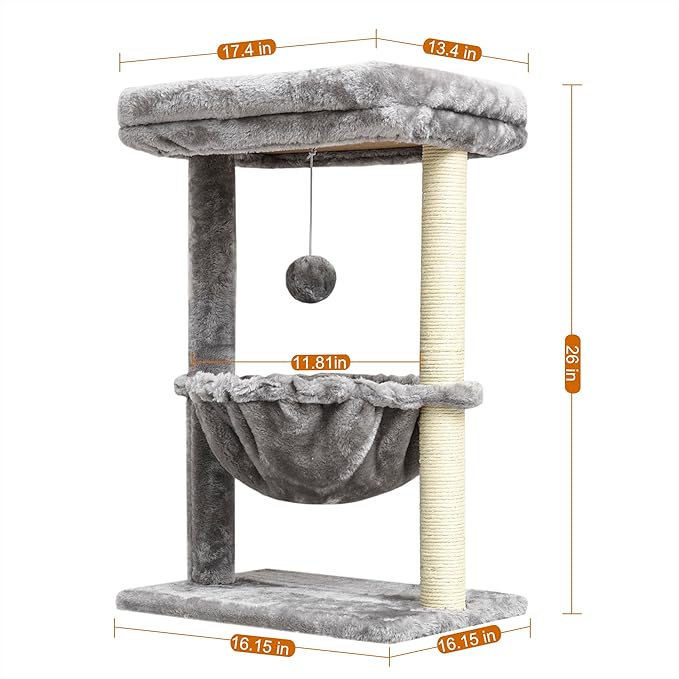 SYANDLVY Small Cat Tree for Indoor Cats, Activity Cat Tower with Scratching Post for Kittens, Cat Bed & Furniture with Basket & Hanging Ball for Play Rest