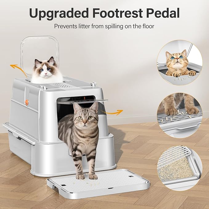 Enclosed Stainless Steel Cat Litter Box with Lid,XL Large Metal Cat Box with Drawer for Big Cats,Top Exit Kitty Litter Box Includes Scoop, Filter Pedal,Odor Control, Easy Cleaning