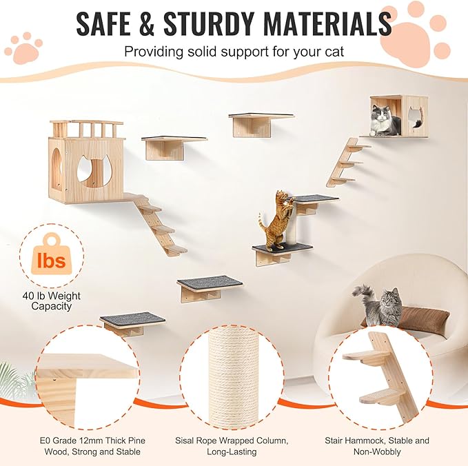 VEVOR Wall Mounted Cat Shelves, Perches with Jumping Boards,Hammocks & Cat Tree, Cat Furniture and Shelves up to 40 lbs for Sleeping, Playing, Climbing, Set of 9