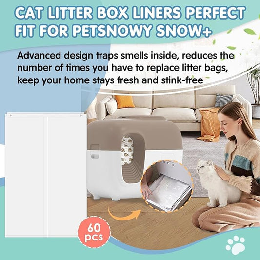 60Pcs Cat Litter Box Liners for PetSnowy SNOW+ Automatic Cat Litter Box, Tear & Leak Resistant Self-Sealing Waste Drawer Liner Bags