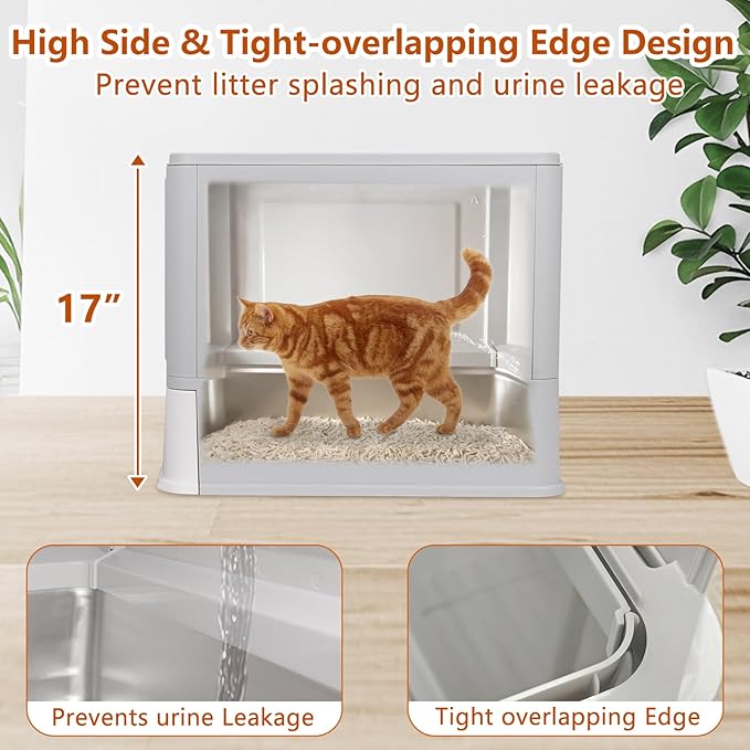 Enclosed Stainless Steel Cat Litter Boxes,Large Foldable Litter Box with Lid,Hooded Covered Stainless Steel Cat Litter Box,Easy Cleaning,No Urine Leakage,Deeper Pan