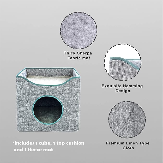 Jongee Cat Cube House Foldable Cat Condo with Reversible Cushion & Scratch Pad for Small Cats, Gray, 13”×13”×15”