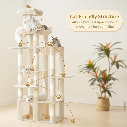 Heybly Heavy Duty Cat Tree, 71-Inch Tall Tower for Large Maine Coon with Extra-Large Baseboard, Cat Condo Furniture with Multi-Level Platforms, 2 Hammocks and 12 Scratching Posts, Beige HCT037M