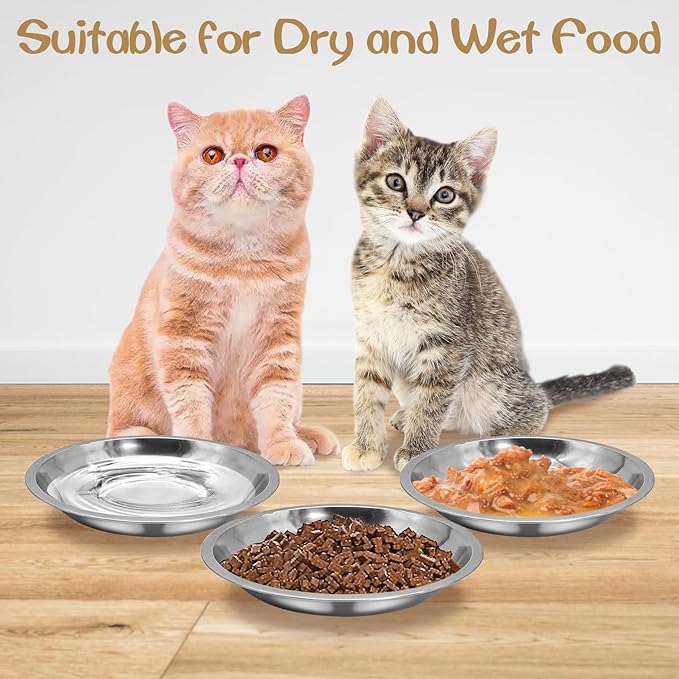 kathson Shallow Stainless Steel Cat Bowls 12 Pcs Whisker Fatigue Cat Dishes Flat Dog Feeding Saucers Pet Food and Water Plate Set for Kitten Puppy and Other Small Animals (7.00 Inch Dia)