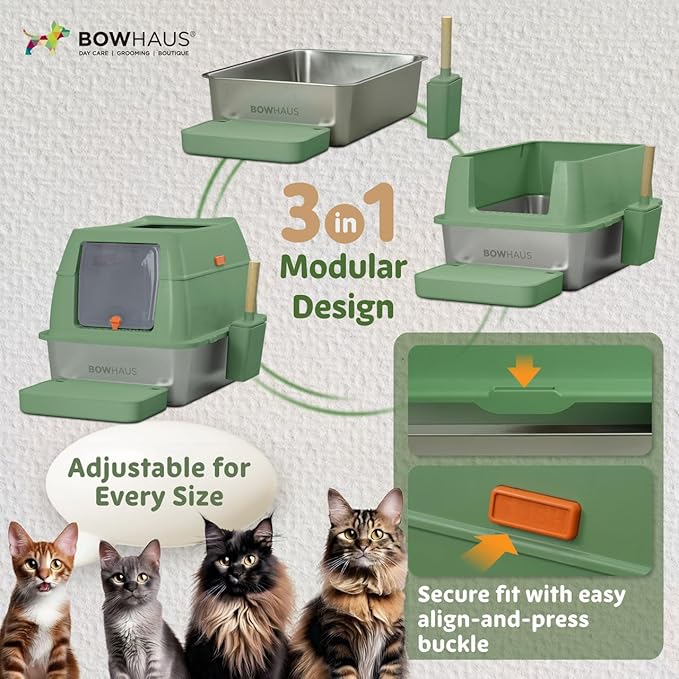 XL 3 in 1 Enclosed Extra Large Metal Litter Box w/Lid, Stainless Steel Cat Litter Box, Odorless Steel Litter Pan, Anti-Leakage & Easy Clean, High Sided Metal Litter Box w/Scoop, Beige