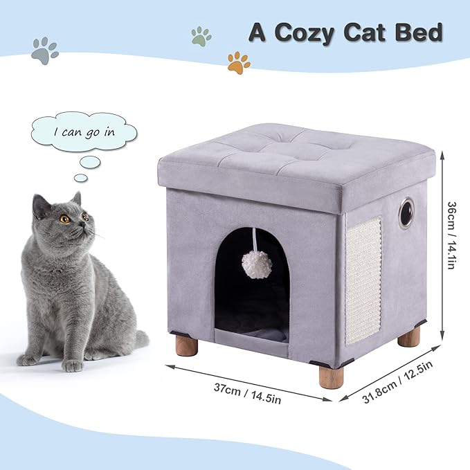 BRIAN & DANY Foldable Cat House for Indoor Cats, Large Cat Cube for Pet Cave with Scratch Board & Ball, 14.7" x 14.1” x 12.7”, Light Gray