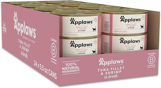 Applaws Natural Wet Cat Food in Broth, Limited Ingredient Canned Wet Cat Food, No Additives, Made with Natural Ingredients, Tuna Fillet & Shrimp in Broth (6 x 5.5oz Cans)