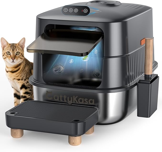 Odor Control XL Stainless Steel Litter Box,3-in-1 Enclosed High Sided Litter Box with High Lid for Big Cats,Non-Sticky,Anti-Leakage,Easy Clean,with Scoop & Filter Pedal