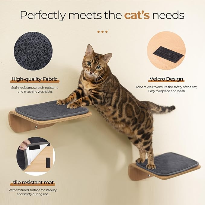 Cat Wall Shelves,Cat Wall Steps and Perch,Stairs,Ladders,Nest,Bed,Modern Wooden Floating Climbing Furniture for Hopping and Sleeping,with Scratching Cushion(Step)