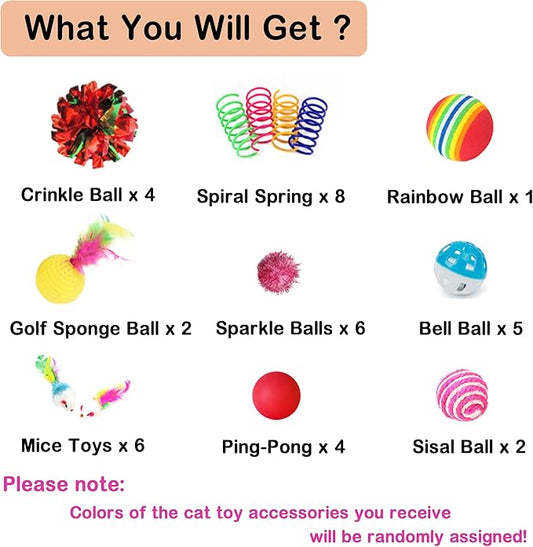 38pcs Multi-Sensory Cat Toys - Spiral Spring & Crinkle Balls Kit with Feather Mice, Bells + Sisal/Ping-Pong Balls - Interactive Play Bundle for Indoor Cats/Kittens (Small-Medium)