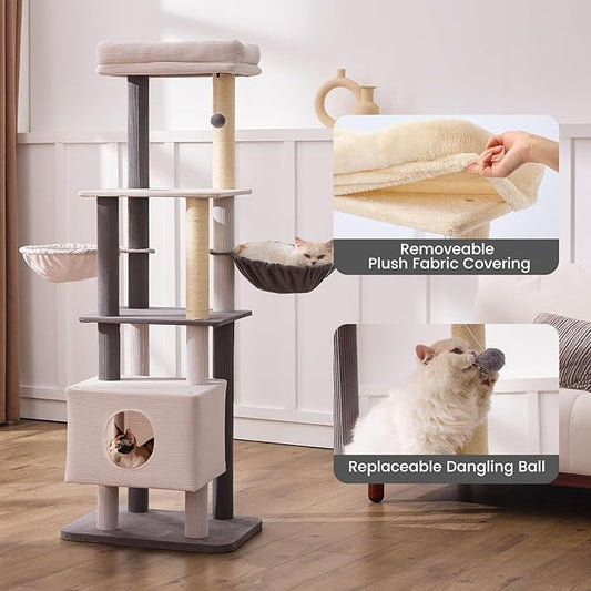 Gardner Pet 65in Heavy Duty Cat Tree Tower for Large Cats, Multi-Level Cat Furniture with Replaceable Sisal Scratching Post, Hammock | Extra-Large Platform & Condo Easy to Clean (Corduroy)