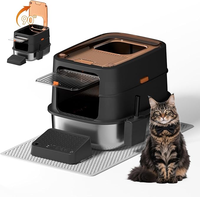 Stainless Steel Litter Box with Lid, Top Entry Cat Litters Box, Extra Large Metal Litterboxs with High Sides, 90° Flip-Top Double Doors & Raised Fence, Includes Pedal, Mat & Scoop Set