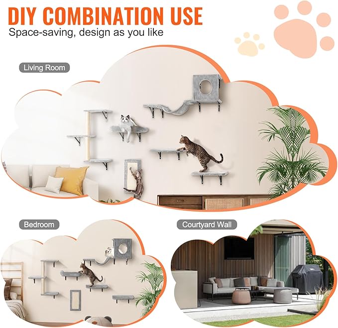 VEVOR Wall Mounted Cat Shelves, Perches with Jumping Boards, Hammock, Sofa, Cat Furniture and Shelves up to 40 lbs for Sleeping, Playing, Climbing, Set of 6