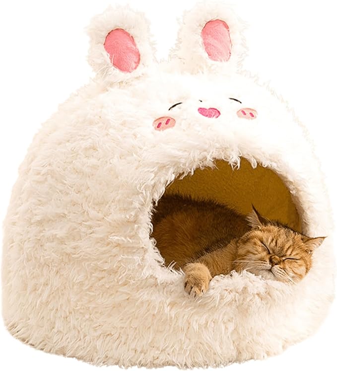 Animal Design Pet Bed Cat Dog Bed for Indoor Cats Pet Tent Cave with Removable Cushion Plush Half-Enclosed Warm House for Cats Small Dogs Kitten Puppy Sleeping (Rabbits,Large)