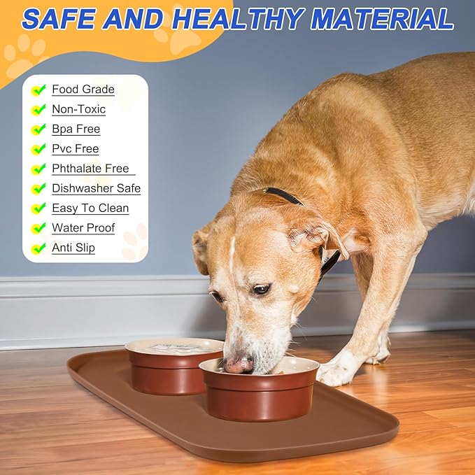 Silicone Pet Feeding Mat with Raised Edge for Food and Water, Dog Bowl Mats, Cat Bowls Placemat with High Lip for Floor Waterproof, Rubber Tray for Cats and Dogs 24 x 16 x0.8 Brown