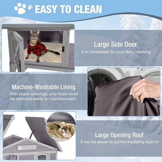 Insulated Outdoor Cat House with Balcony Weatherproof Kitty Shelter with Insulated Liner Large Feral Cat Shelter with Escape Door