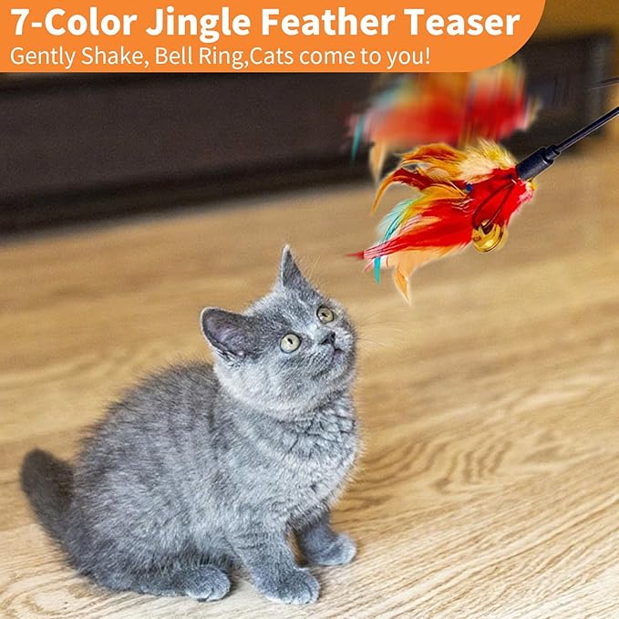 Cat Feather Toys, Cat Toy with Elastic Turkey Feathers, Interactive Teaser Wand with Bell, Durable Flexible Rod for Playful Kittens and Cats, Indoor Entertainment for Pets (1.35")