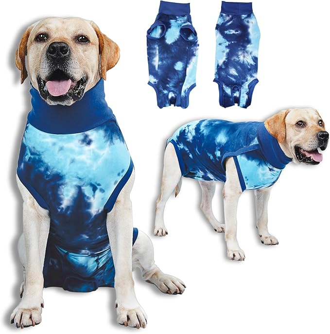 Breathable Dog Recovery Suit for Male/Female, Tie Dye Blue Dog Onesie for Abdominal Wounds, Cone E-Collar Alternative After Surgery to Anti-Licking, Professional Surgery Suit for Dogs