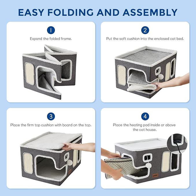 Heated Cat House for Indoor Cats - Large Cat Warming Bed for Winter with Fluffy Ball Hanging and Adjustable Heating Pad, Foldable Cat Hideaway,23x16.5x13 inches, Navy Blue