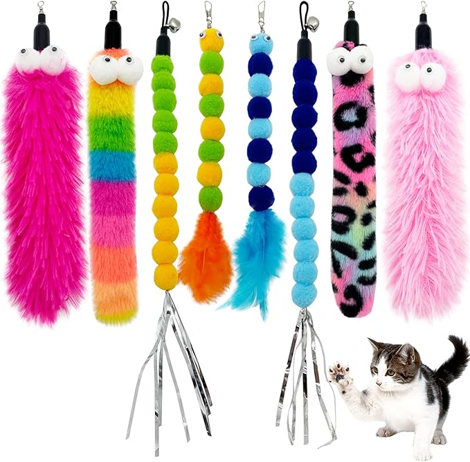 Cat Wand Replacement Worm Cat Toys, 8 Pieces Cat Wand Attachments Assorted Worms Feather Refill Toy for Indoor Cats