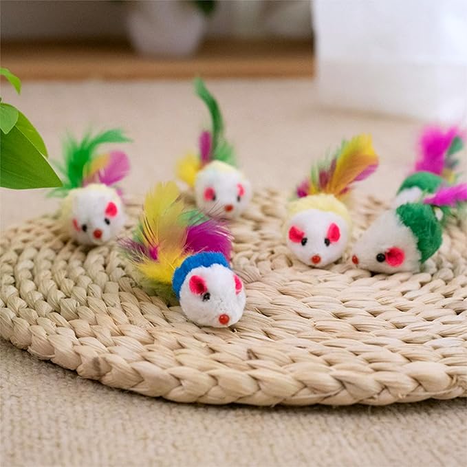 Cat Toys, 6 Pack Furry Rattle Mouse Toy Interactive Cat Toy with Feather Tail, 6 Assorted Faux Fur Kitten Toy 5.5โ Realistic Size Mini Mice Cat Toy for Bored Indoor Adult Cat