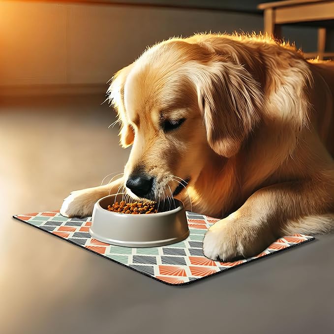 Lunarable Geometric Pet Mat for Food and Water, Pop Art Style Retro Rhombus Fractal Stripes Nostalgic Graphic Print, Non-Slip Rubber Mat for Dogs and Cats, 18" X 12", Green Orange