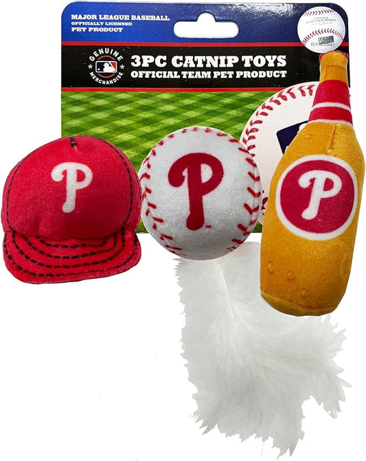 Best Plush CAT Toy - MLB Philadelphia Phillies Complete Set of 3 Piece Cat Toys Filled with Catnip. Incld: 1 Baseball Cap Cat Toy, 1 Baseball Cat Toy with Feathers & 1 Beer Bottle. Team Logos