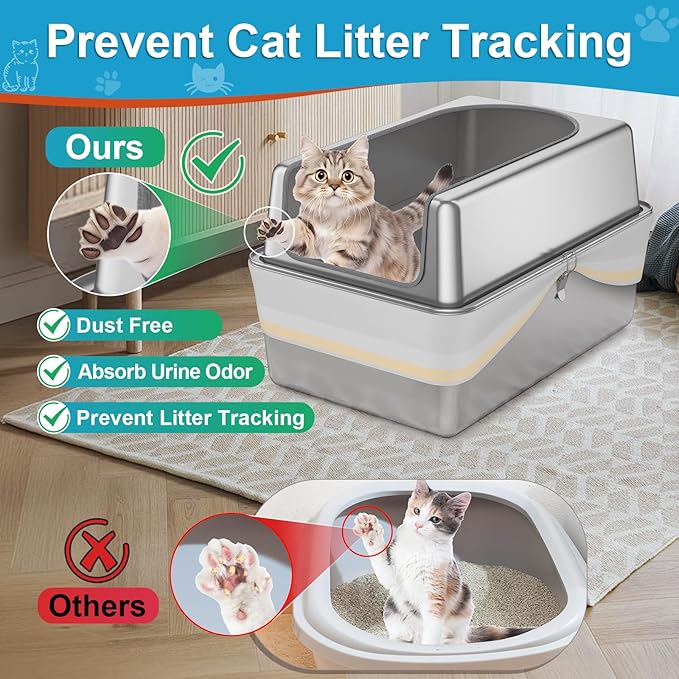 XXL All Stainless Steel Sifting Litter Box with Lid,Sifting Cat Litter Box for Wood Pine Pellets,High Sides Sifter Litter Pan System,Odor Control,Easy to Clean,with Liners and Scoop