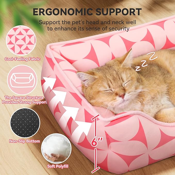 Rectangle Cat Dog Bed for Large Medium Small Pets Indoor Outdoor Machine Washable Sleeping Sofa Non-Slip Bottom Soft Puppy Bed Durable Orthopedic Calming Pet Cuddler (Small, Pink Pattern)