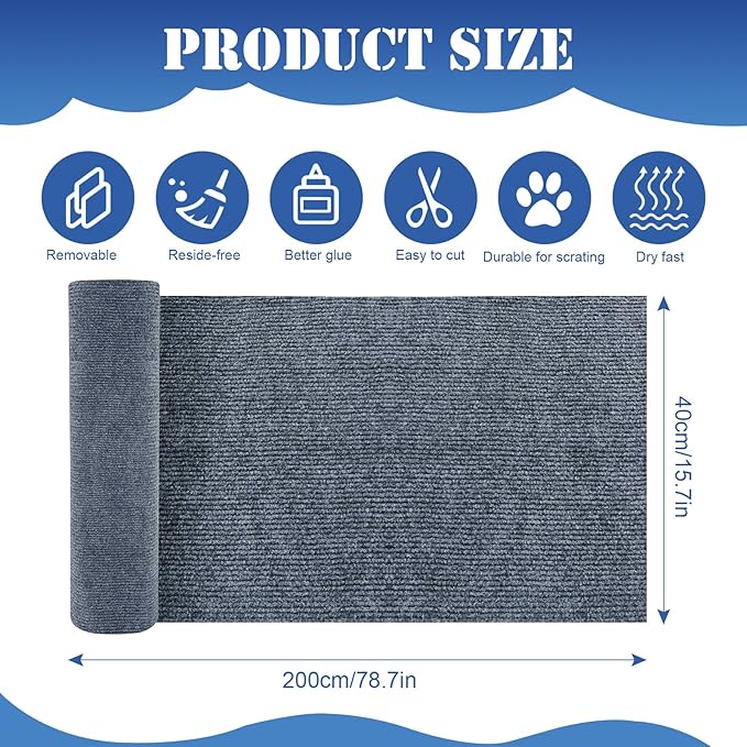Cat Scratching Mat, Trimmable Cat Scratch Couch Furniture Protector Self-Adhesive Cat Scratch Pad DIY Climbing Cat Scratcher Carpet for Furniture, Wall Protector (Dark Grey, 78.7"x15.8")