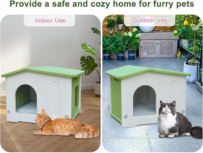 Weatherproof Cat House for Outdoor Indoor Use, Plastic Feral Cat House with Escape Door and Soft Mat, Outside Cat Shelter for Small Pet, Spacious, Assemble Easily - Green