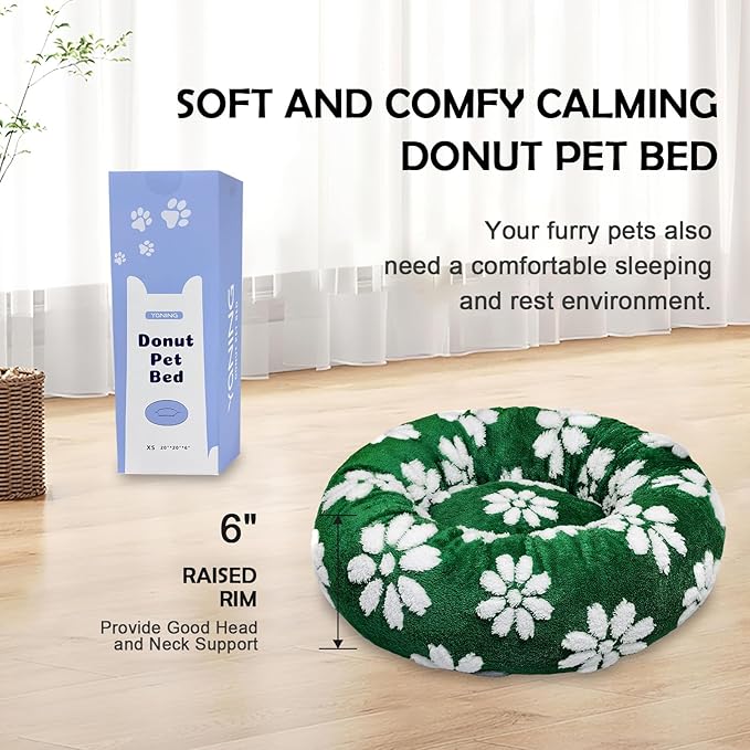 Donut Dog Beds for Small Dogs, Calming Round Cat Beds for Indoor Cats, Cute 3D Textured Flower Pet Bed with Removable Washable Cover and Anti-Slip Bottom(Green,20")