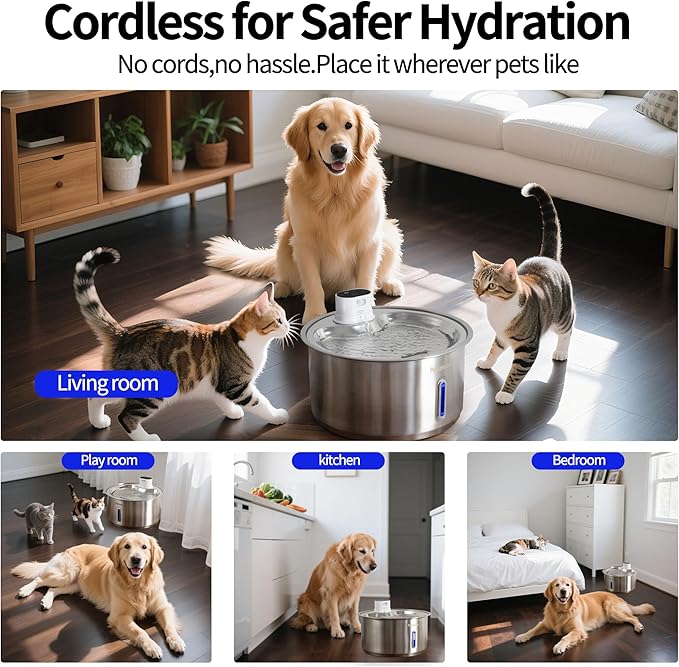 11L Wireless Smart Stainless Steel Water Fountain, Petsamuse 5000MAH Battery 2.8Gal Large Dog Water Fountain with 2 Quiet Pumps Large Dog Water Dispenser with Motion Sensor, Timer Mode & 15 Filters