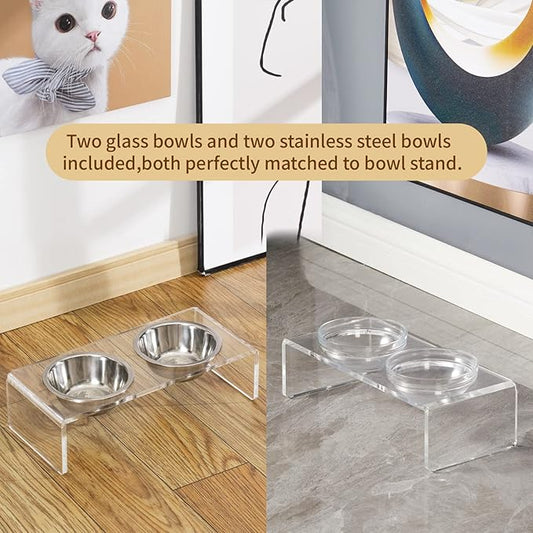 Acrylic Elevated Dog Cat Bowls Pet Feeder Double Bowl Raised Stand Comes with 2 Removable Glass Bowls and 2 Stainless Steel Bowls.Perfect for Cats Puppies Small Dogs