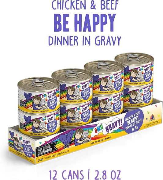 Weruva B.F.F. OMG - Best Feline Friend Oh My Gravy!, Chicken & Beef Be Happy with Chicken & Beef in Gravy, 2.8oz Can (Pack of 12)